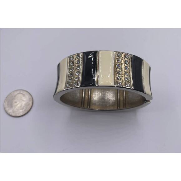 Black And White Striped With Rhinestone Cuff Statement Bracelet - Picture 1 of 4